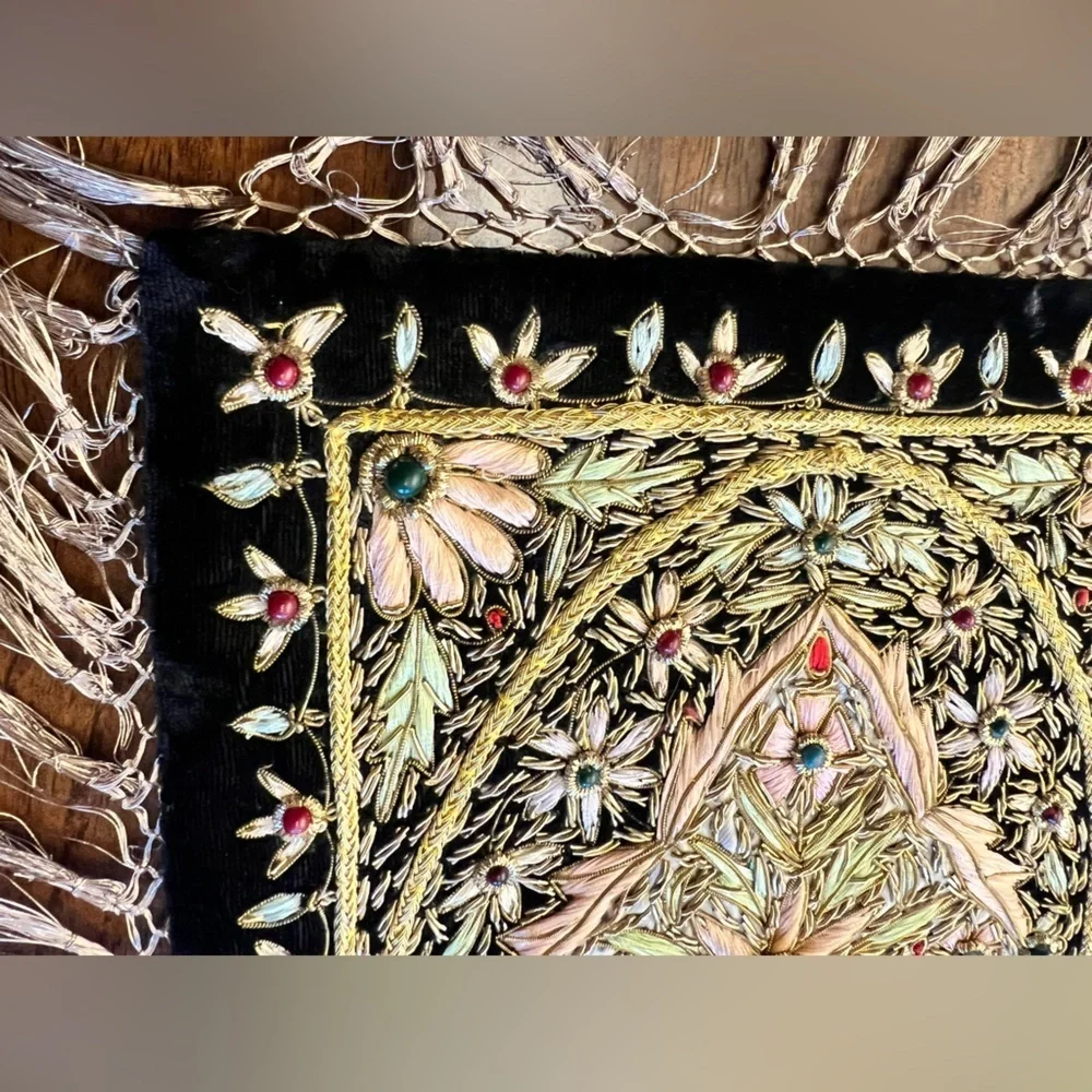 Handmade Zardozi Embroidered Wall Hanging Velvet Gold Tapestry 12x9 Indian Boho